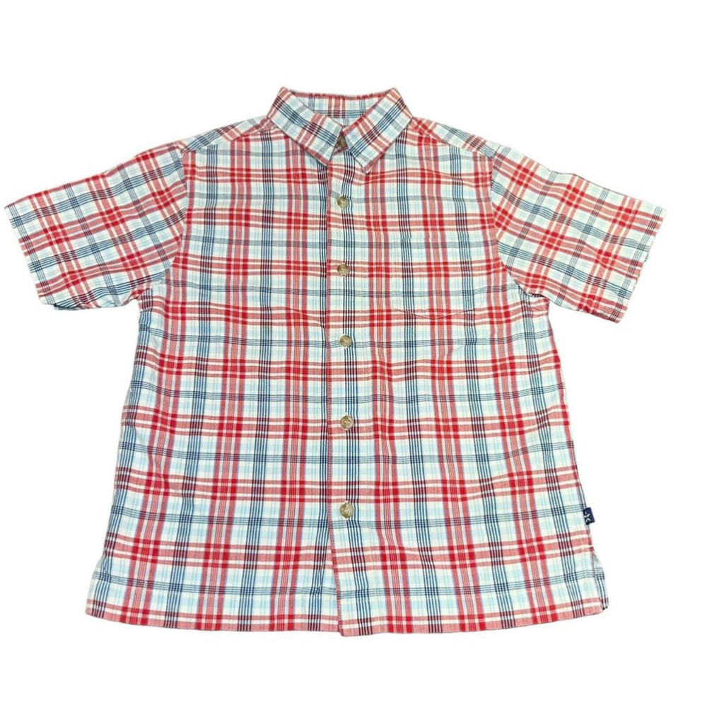 Arizona Jeans Co. Boys Short Sleeve Red White Blue Plain Button Down Shirt Sz 7